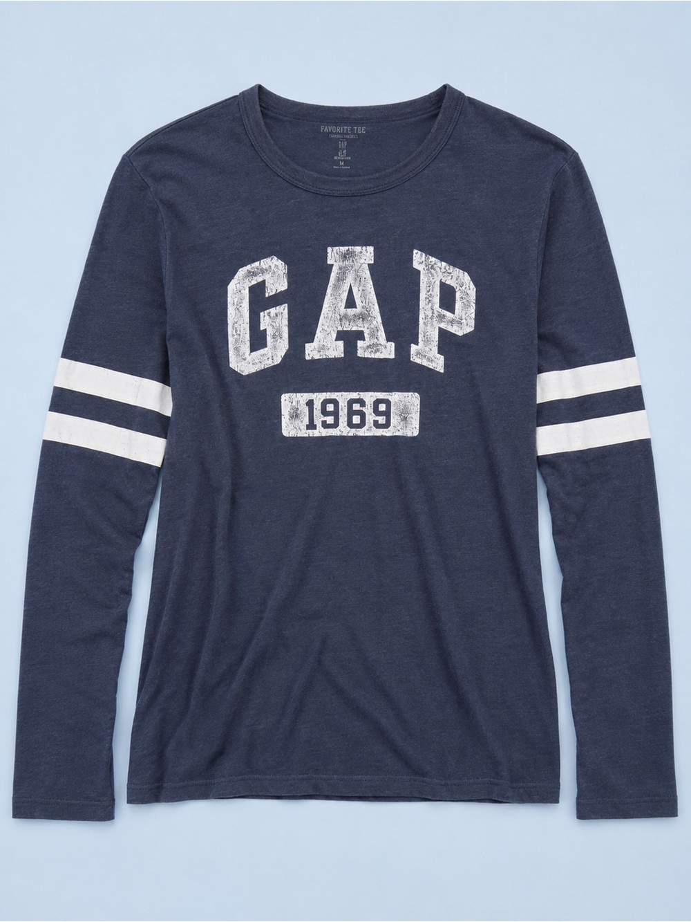 GAP Navy Long Sleeve Tee with White Stripes and Distressed Logo